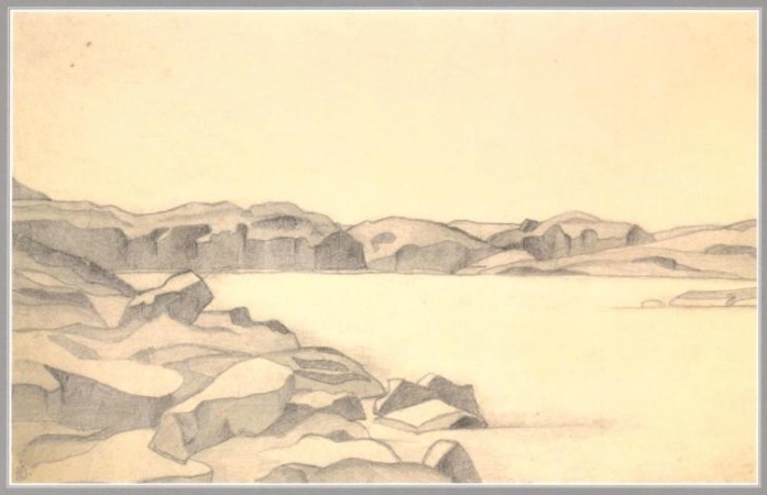 Открытка из комплекта с рисунком Ю.Н. Рериха. Скалистый берег озера. 1917 - 1918..jpg